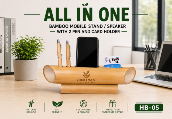 ALL IN ONE -BAMBOO MOBILE SPEAKER / STAND WITH 2 PEN AND CARD HOLDER