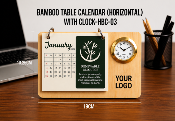 Bamboo Table Calender (HORIZONTAL) With Clock HBC-03