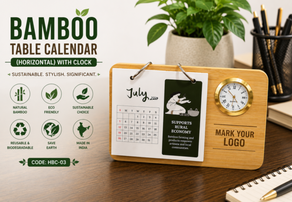 Bamboo Table Calender (HORIZONTAL) With Clock