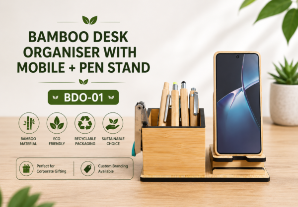 BAMBOO DESK ORGANISER WITH MOBILE + PEN STAND - BDO-01