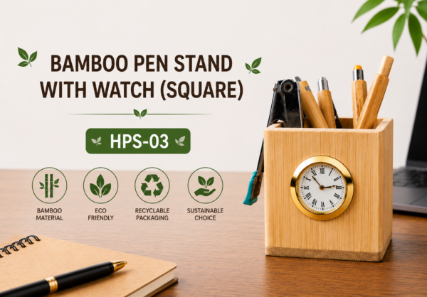 BAMBOO PEN STAND WITH CLOCK (SQUARE)-HPS03