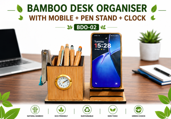 BAMBOO DESK ORGANISER  WITH MOBILE + PEN STAND & CLOCK - BDO 02