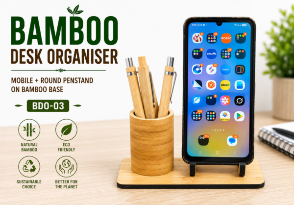BAMBOO DESK ORGANISER WITH MOBILE + ROUND PEN STAND - BDO-03