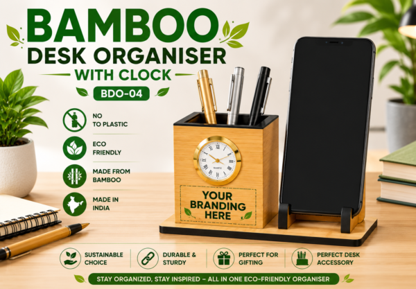 BAMBOO DESK ORGANISER WITH CLOCK