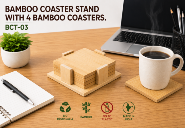 BAMBOO COASTER SET OF 4 WITH STAND