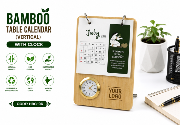 Bamboo Table Calendar (VERTICAL) WITH CLOCK