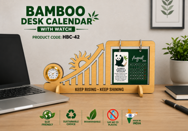 BAMBOO DESK CALENDAR WITH WATCH (KEEP RISING)