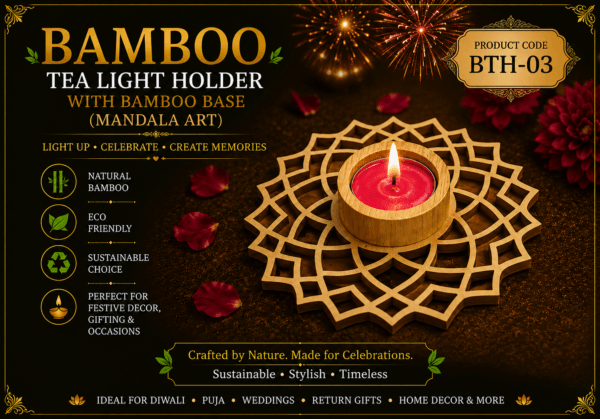 Bamboo Tea Light Holder With Bamboo Base (Mandala Art)