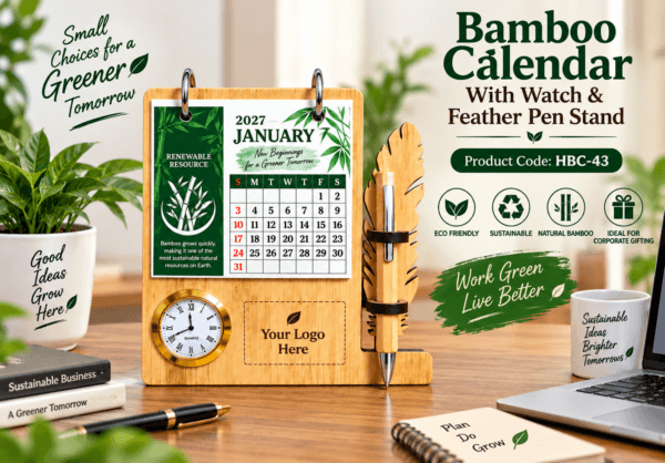 BAMBOO CALENDAR WITH CLOCK AND FEATHER PEN STAND