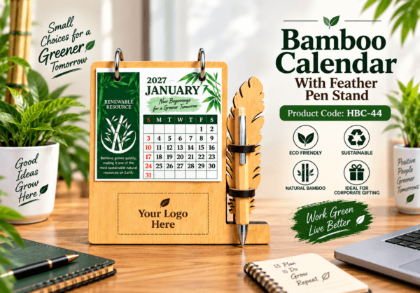 BAMBOO CALENDAR WITH FEATHER PEN STAND