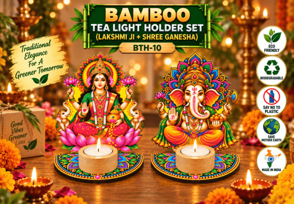BAMBOO TEA LIGHT HOLDER SET (LAXSHMI JI + SHREE GANESHA)
