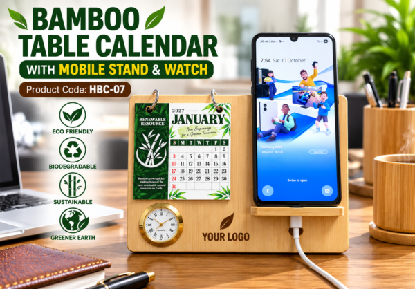 BAMBOO CALENDAR WITH MOBILE STAND & WATCH