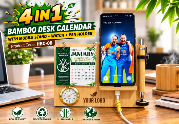 BAMBOO CALENDAR WITH MOBILE STAND & WATCH & PEN HOLDER